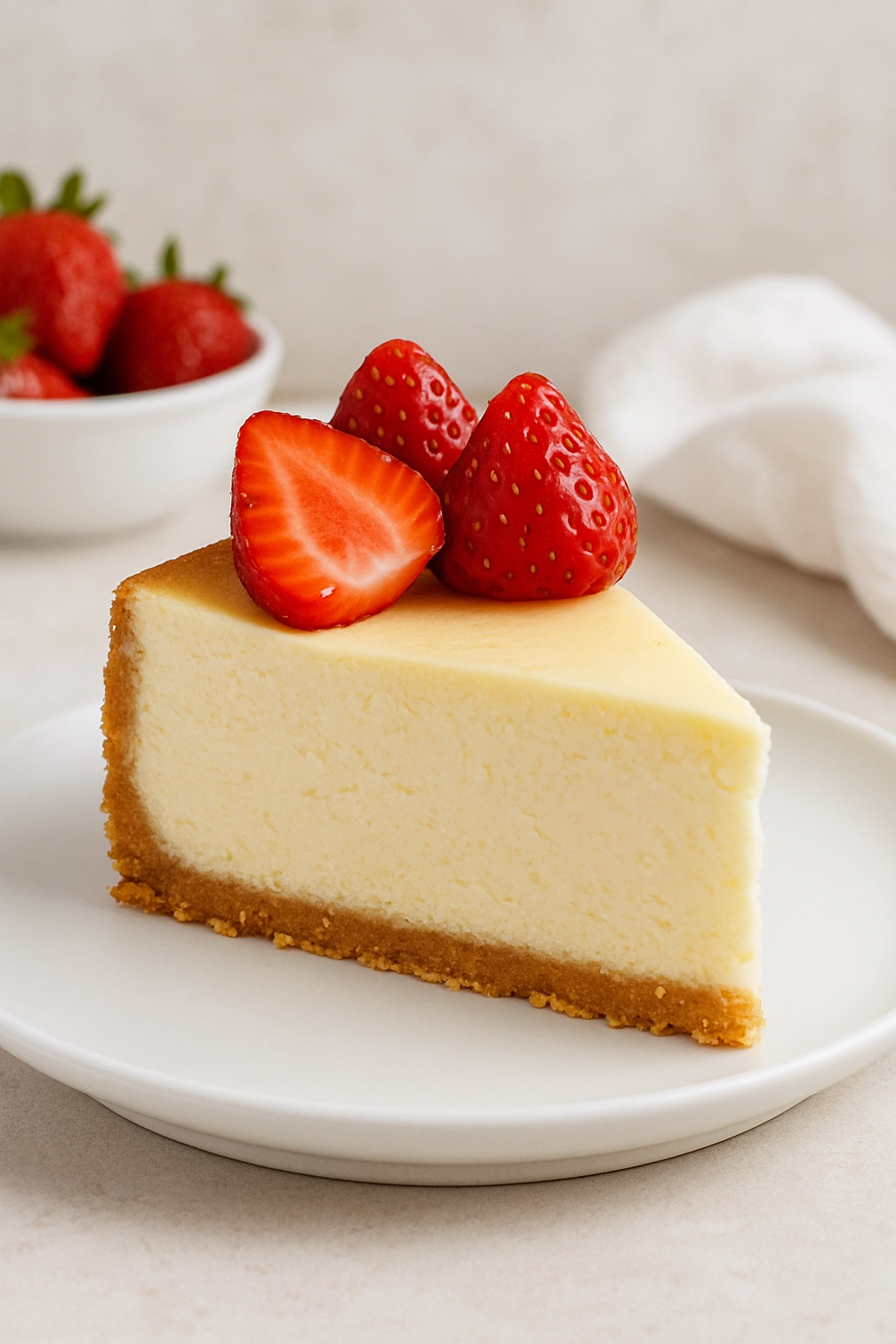 Silky Cheesecake with Golden Crust & Strawberries