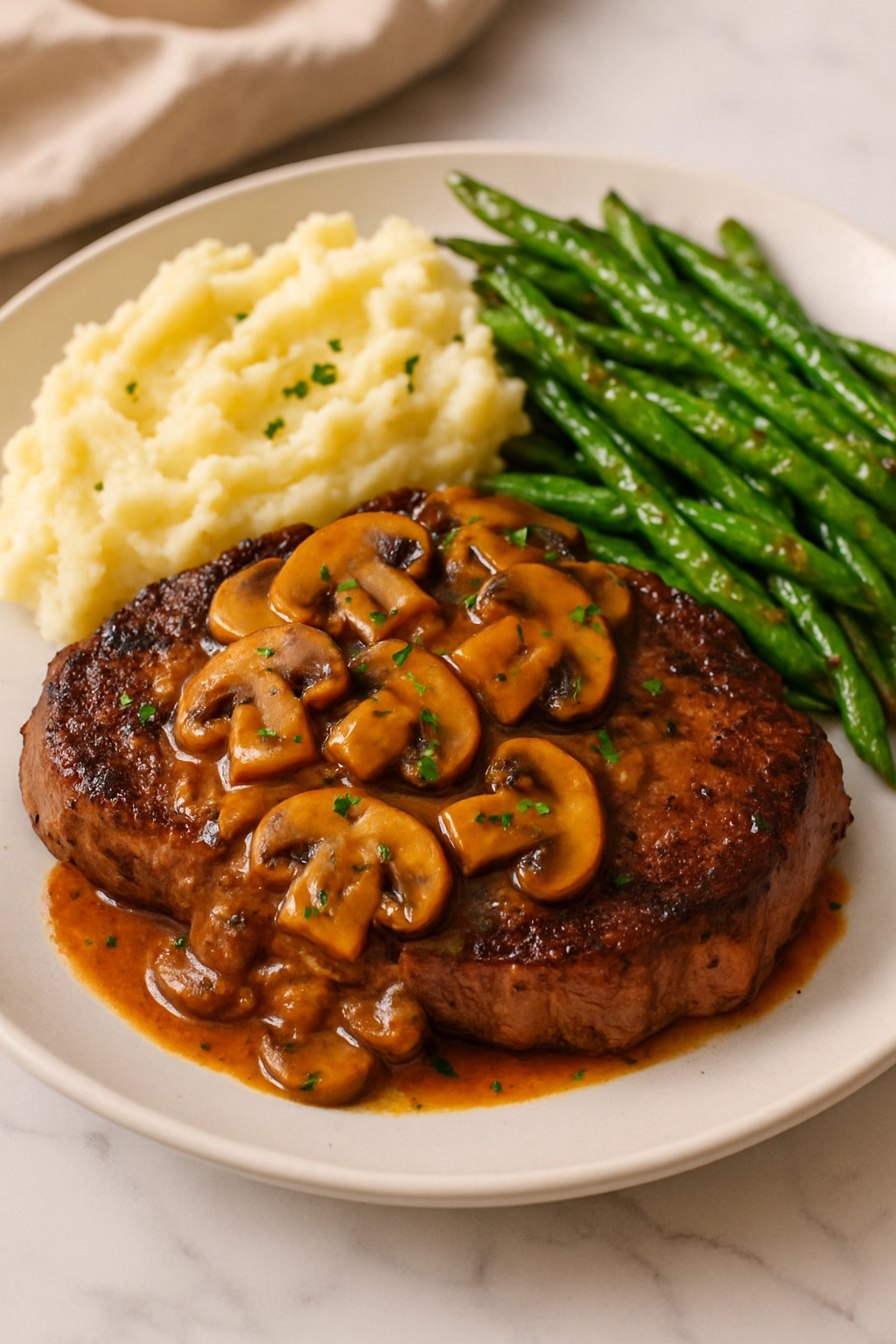 Seared Beef Steak with Mushroom Gravy and Garlic Green Beans