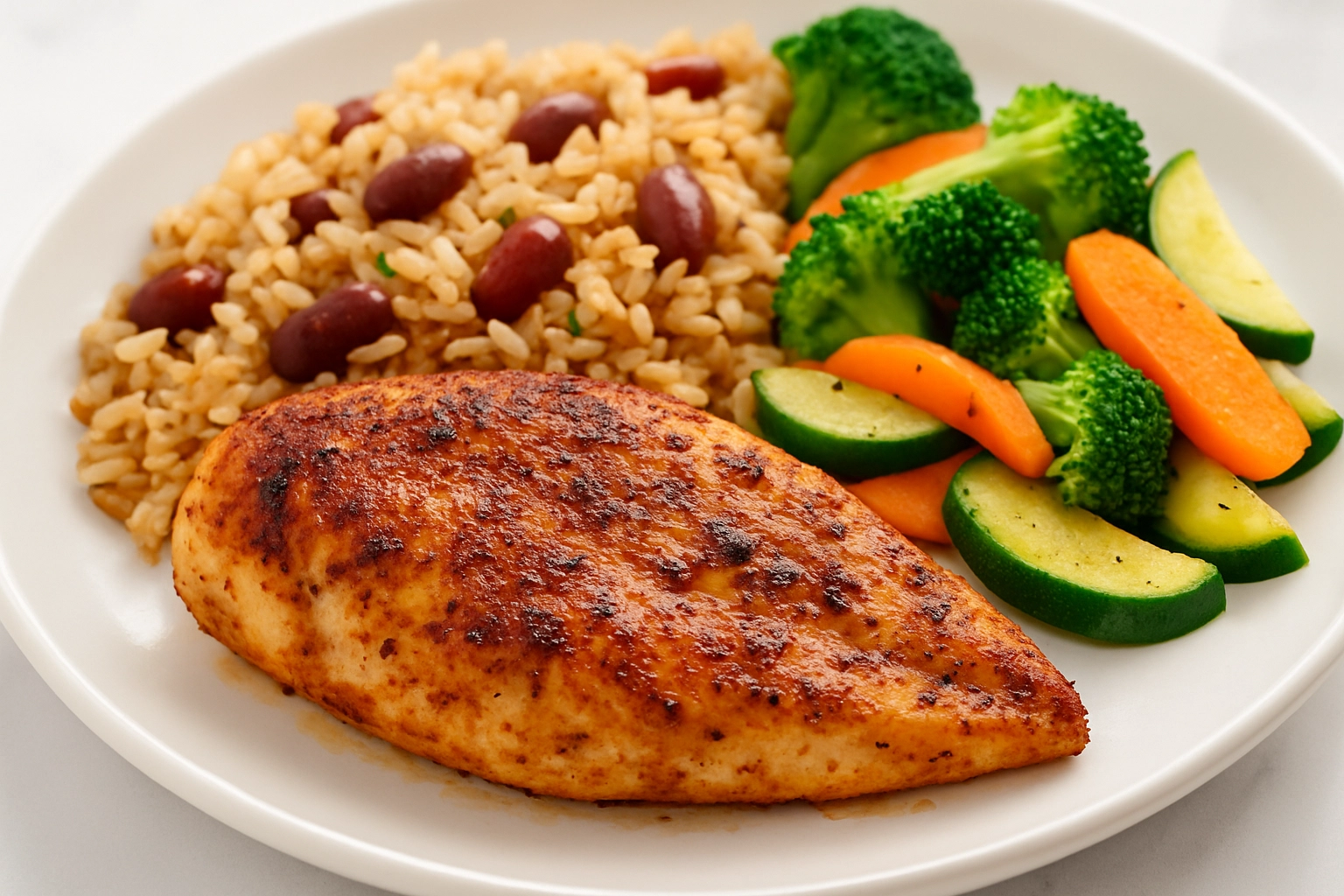 Grilled Chicken with Steamed Veggies and Rice & Beans”